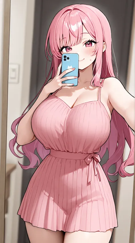 Woman with pink hair, A cute face with a slightly large bust size where she is currently taking a selfie