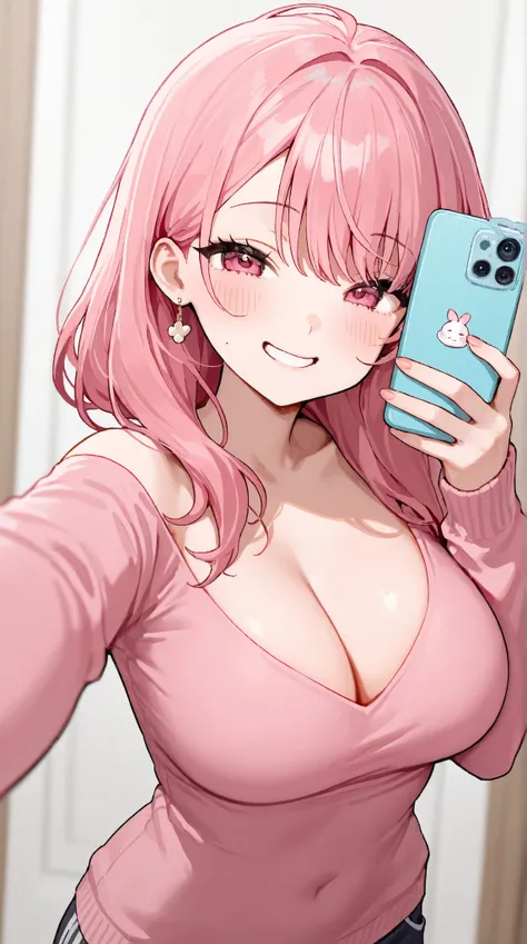 Woman with pink hair, A cute face with a slightly large bust size where she is currently taking a selfie