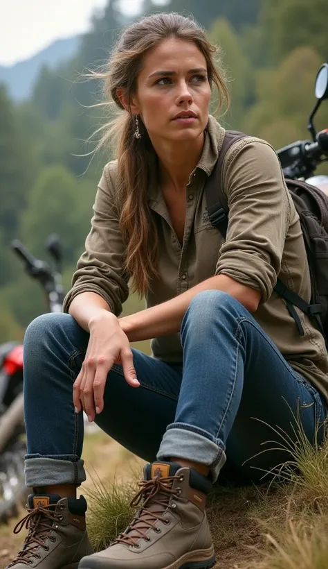 Ponytail hair Henley shirt denim jeans hiking shoes motorcycle sports sitting 