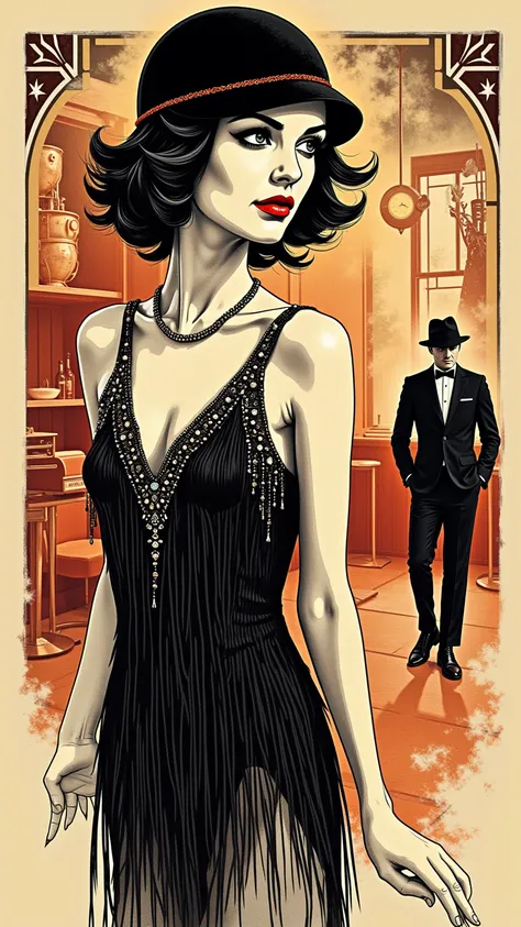 Create a sketch drawing that features a detailed silhouette of a beautiful woman,  man is walking away from her embodying the elegance of the 1920s. with prominently display the slogan "Etta James'
" in bold, She should be dressed in a glamorous flapper-st...