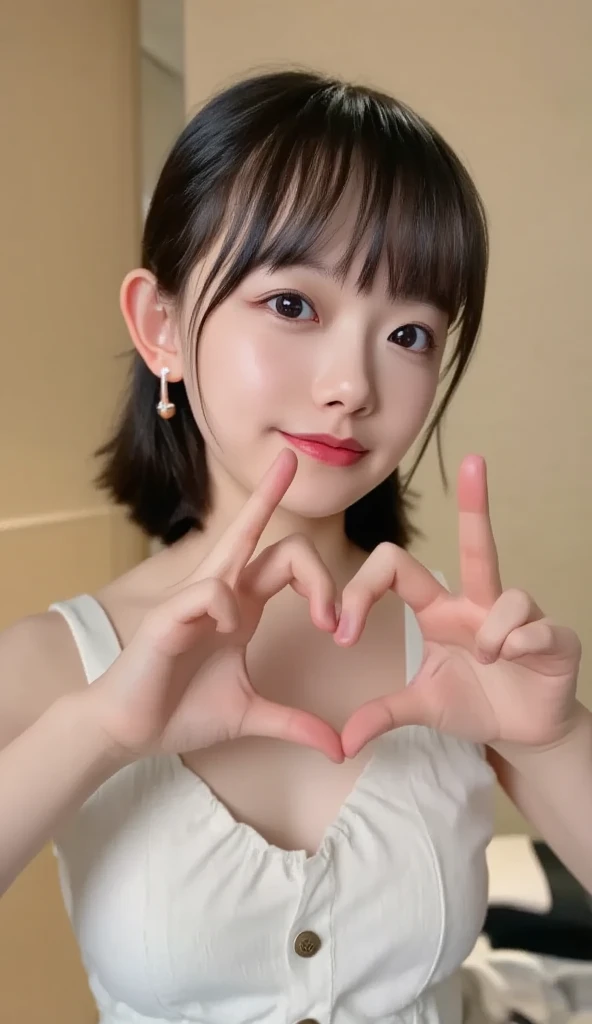  Super Fine、Picture of her face 、She has a smile showing her teeth , I&#39;m wearing a camisole,  posing with her hands crossed in the shape of a heart in front of her chest、The background is plain 、    high definition in a hotel suite room 、細部にわたって   high...