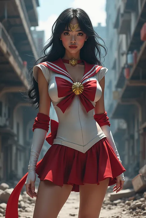 A indonesia woman has a beautiful body with large and dense breasts dressed in a sailor moon costume standing in a city with a view of the crumbling city