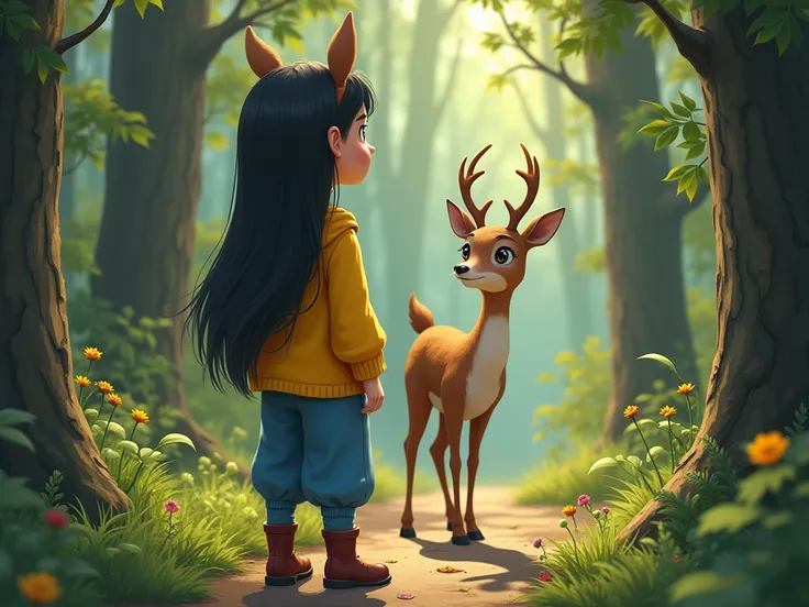 A , around  , with long straight black hair, wearing blue  pent with a yellow sweater and boots  ۔"The deer leads the  through the forest, carefully avoiding dangerous areas and pointing out edible berries along the way."
