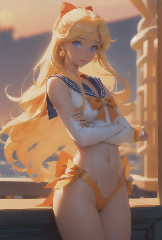 An incredibly beautiful young blonde femme fatale, with long golden straight hair, a scarlet bow in her hair, blue eyes, beautiful facial features, she is wearing an orange sailor suit, she is holding a golden chain of Venus in her hands. She's Sailor Venu...