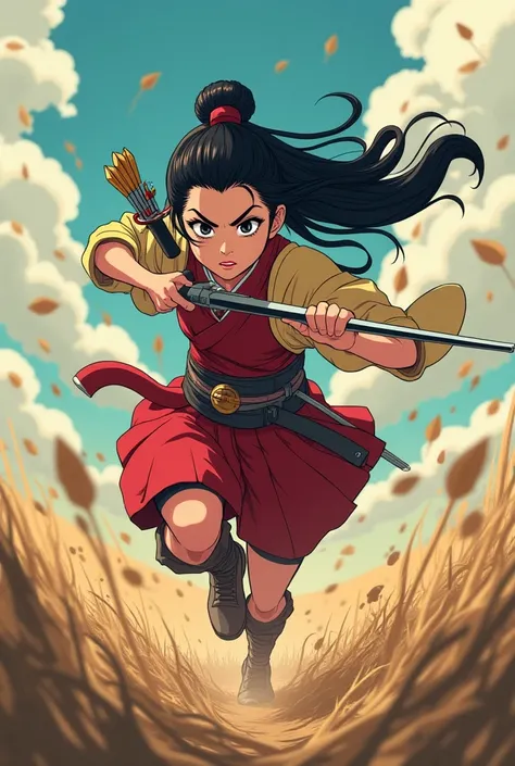 (8K. Amazing. Very high quality. Very beautiful. Very detailed. Super high resolution.) Japanese 2D animation. Beautiful cel art. A female warrior running through a battlefield with a Japanese matchlock gun. Flowing black hair. Red-based Japanese armor. A ...