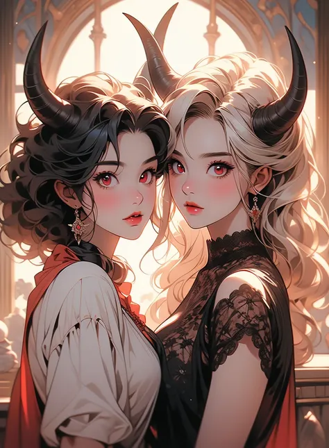 retrato, tiflin,  horns and red eyes , retrato of chica devil, Dnd portrait of a Tiflin , together in sundress retrato, chica devil, beautiful together,  portrait of a female demon , together | medieval ,   girl design lush horns , horned, Detailed Artgerm...