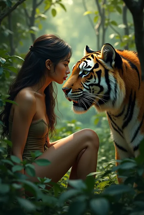 a 25-year-old woman leaning in with a familiar tiger,  dense forest background 