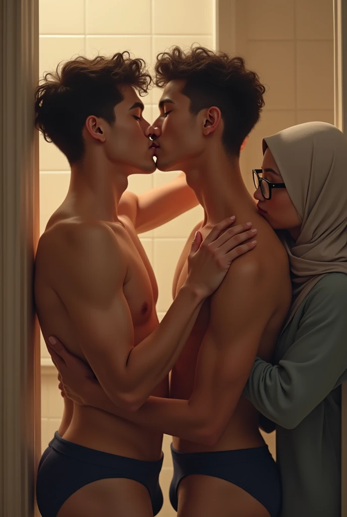 ((two gay young son kissing in the bathroom)), (topless and wearing underwear), (embraced by hijab mother wearing glasses watching closely and touching them gently)