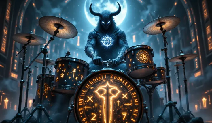 (Full body shot) A demon man standing while playing a detailed and intricate metal drum set, performing a powerful and melodic metal rhythm. The image is clearly visible (head to toe, standing at a slight distance), with a dark and melancholic atmosphere. ...