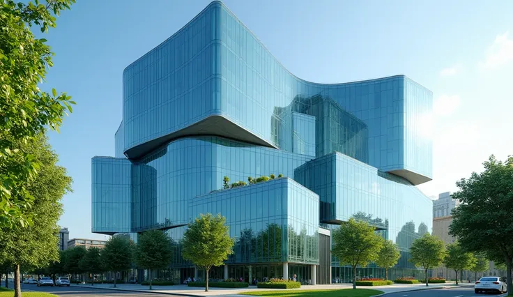 "A glass building with unique geometric shapes , reflecting the blue sky,  surrounded by green trees in a clean and sustainable urban environment