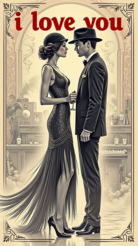 Create a sketch drawing that features a detailed silhouette of a beautiful woman,  man is walking with her embodying the elegance of the 1920s. with prominently display the slogan "I love you ❤️'
" in bold, She should be dressed in a glamorous flapper-styl...