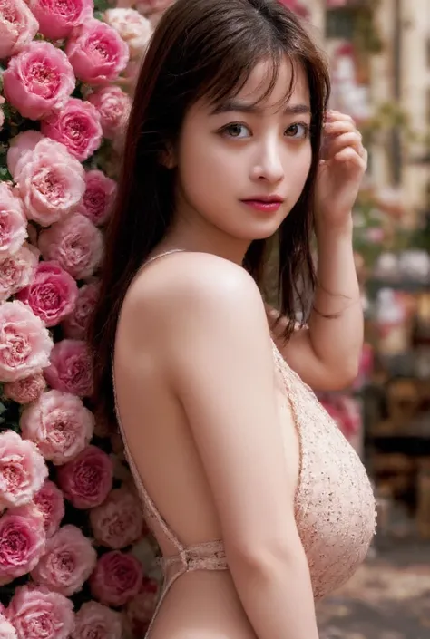  This image、 ( super huge big boobs ).  she says 、 standing against a backdrop full of many large colorful roses . flower々 dominates the composition ,  I am wearing、 adds a dramatic and intense contrast to skin tone and overall appearance.
That woman is we...