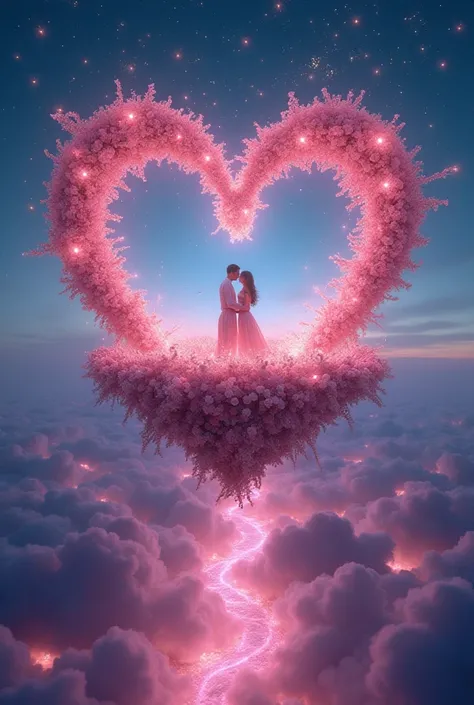 A breathtaking, surreal Valentine’s Day scene: A floating, heart-shaped island in the sky, covered in bioluminescent flowers that glow in soft pink and violet hues. A mystical river of liquid light flows through the island, forming the shape of intertwined...