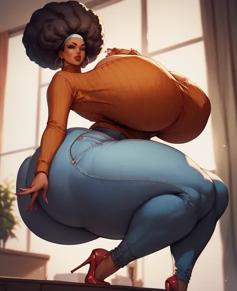 Hispanic, milf ,gigantic big breasts L, gigantic wide breasts,large long neckline, gigantic wide breasts no longer fit clothes, sweater, gigantic ass no longer fits clothers jeans, afro, high heels, tall, looking down at viewer, 