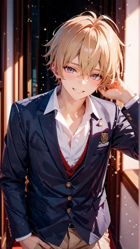 (((masterpiece))),((( best quality))),(( more details)),(( very delicate and beautiful )), (((( solo boy )))), ((Teenager)), cinematic angle, beige hair ,Gray Eyes, ( beautiful eyes),smile、 blazer school uniform、 high school student uniform、 Cinematic Ligh...