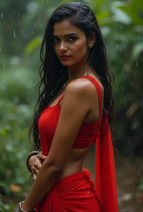  Beautiful cute wet tamanna bhatia, with thick thighs and a curvy waist,  wearing a red transparent beautiful Indian dress, ((lowwaist)), ((wet silky hair)), ((wet hair)), ((loose wet hair)), (( beautiful Indian dress)) , bindi on forehead, highly detailed...