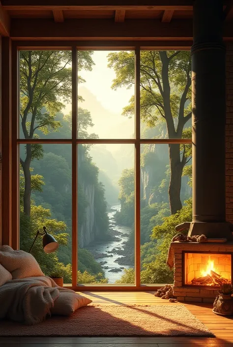 Big wall window, cozy fireplace, beautiful nature veiw