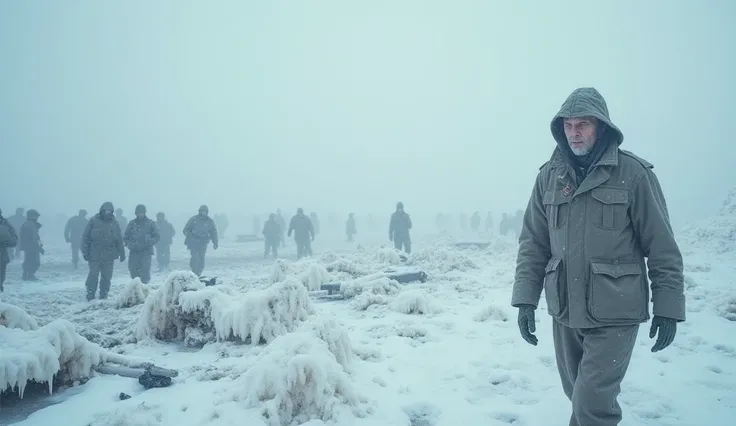 A frozen, desolate battlefield at the Chosin Reservoir. Snowstorms swirl, creating an eerie white mist. Faint shadows of soldiers huddle against the biting cold, their breath visible in the icy air. The landscape is barren, with jagged ice formations and d...