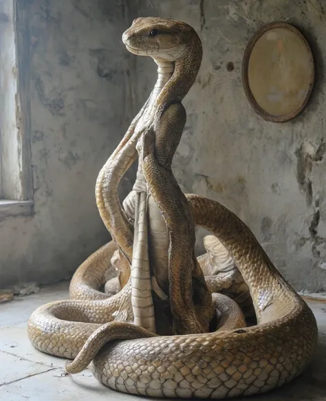 An anthropomorphic snake woman with the face or figure of a person with a snake-shaped head、The upper body looks like a human and the skin looks like snake scales、The lower body is the body of a snake、Images on the theme of Snake Woman、