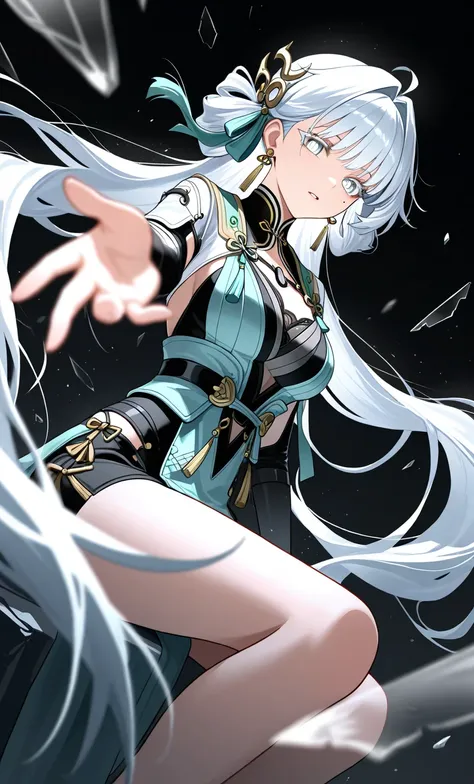 masterpiece, best quality, very aesthetic,
1girl, jinhsi \(wuthering waves\), white hair, long hair, very long hair, mole on cheek, white eyes, bright pupils, white eyelashes, earrings, dynamic angle, feet out of frame, looking at viewer, parted lips, ligh...