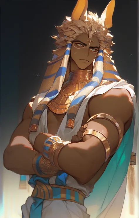 A man with long blond hair, wearing Pharaoh's clothes, showing his chest and biceps, and brown skin