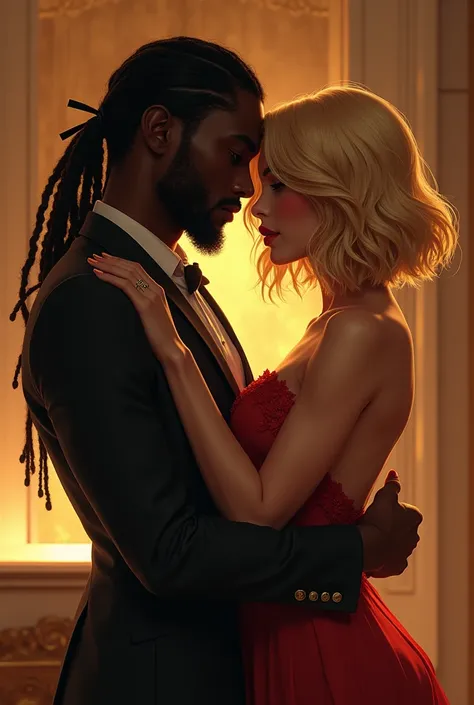 Black man with short dreadlocks and padlock-shaped beard hugging elegant white woman with layered bob cut hair golden blonde beautiful eyes and sexy hips elegant 