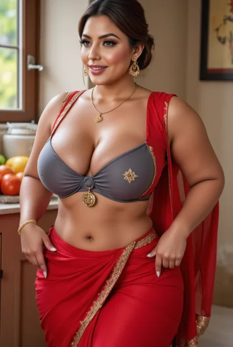 Hd realistic photo of Voluptuous Mature Indian desi Aunty with dusky skin, wearing very deep low neck transparent gray shining silk blouse and reflective glossy shining red transparent Saree, showing her large  Cleavage and navel,nipples projection over bl...