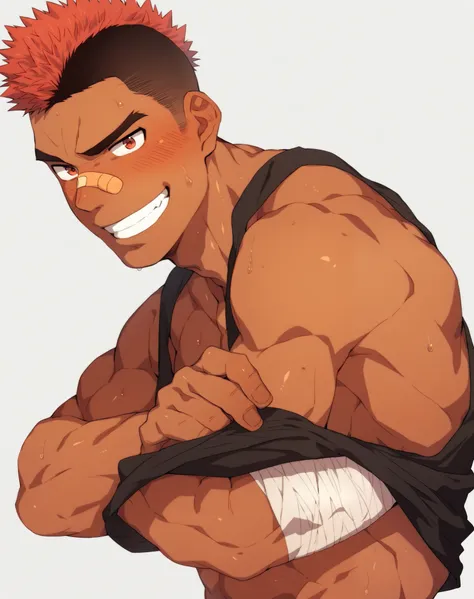 score_9, score_8_up, score_7_up, score_6_up, 1boy, kazuma kiraboshi, solo, blush, short hair, simple background, black hair, red eyes, 1boy, white background, upper body, male focus, red hair, sweat, dark skin, clothes lift, muscular, bandages, crossed arm...