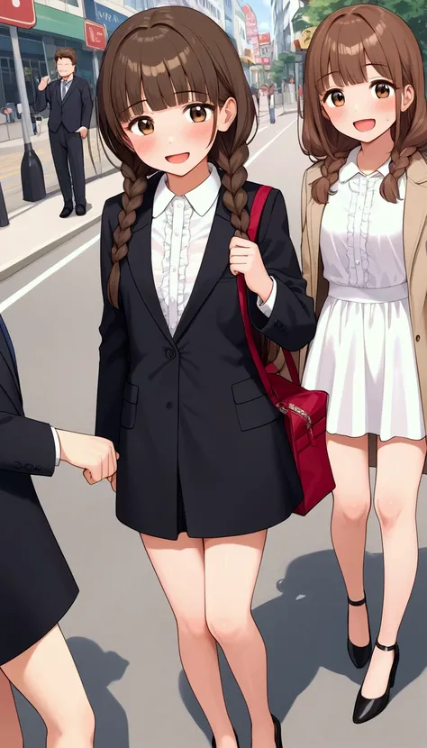 { best quality], [Very beautiful], [Ultra fine], [ best illustration], source_anime,stand,Brown Hair,hime cut, long hair,Braids,Excited face,Cutesy, Street Photography, woman closing her eyes getting sleepy,In the city, holding a black lady's bag, suit,OL,...