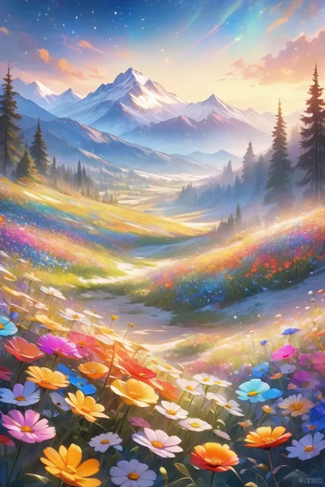 Animated, exquisitely detailed, colors bright and deep, pastel, dramatic, bright and colorful background. A breathtaking morning. Looking out over a tranquil flower field. Vibrant wildflowers bloom in the foreground and snow-capped mountains can be seen in...