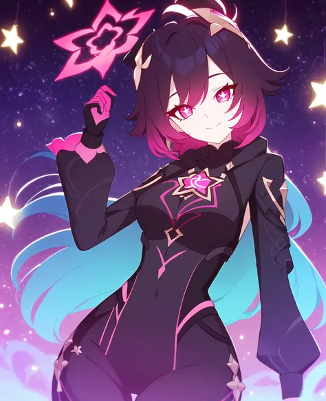 Make a Genshin Impact oc. Give her long neon pink, to neon blue ombre hair. Her vision/element is pyro. She has a neon pink star themed, neon blue, and black outfit. With pants. Neon pink slender-ish eyes. She is very kind, and soft-hearted. She likes spac...