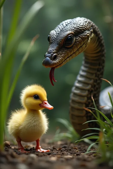 Duckling in front of snake 