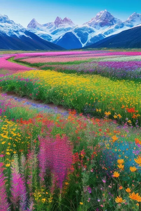 Animated, exquisitely detailed, colors bright and deep, pastel, dramatic, bright and colorful background. A breathtaking morning. Looking out over a tranquil flower field. Vibrant wildflowers bloom in the foreground and snow-capped mountains can be seen in...