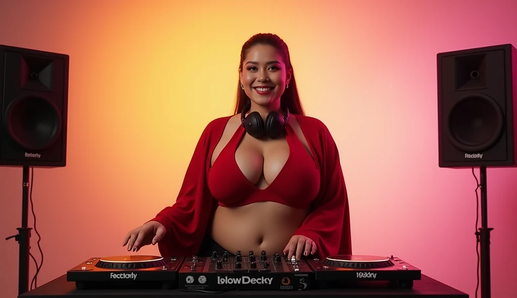 A realistic depiction of a fat woman weighing 100 kg and having breasts the size of a 48v DJ bra smiling in a studio environment. She wore a red open short BRA with long sleeves, styled like a cape and wore a DJ headset, exposing her midriff. Her hair was ...