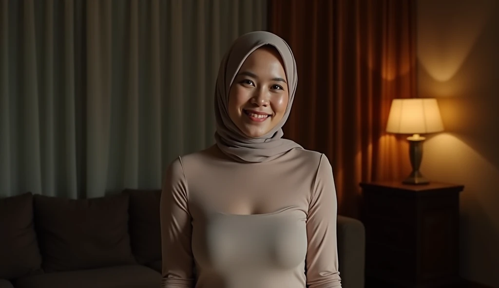 make a full body photo of an Indonesian woman, big breast, 45 years old, in the photo frame she is on the right side, wearing a hijab, wearing a transparent long-sleeved t-shirt, T-shirt sticks to skin until her breasts appear protruding from the shirt, ha...