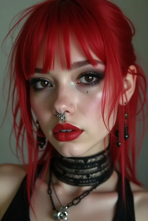 Brazilian from Paraná, black eyes, red hair, pink skin tone, thin lips, full of piercings.