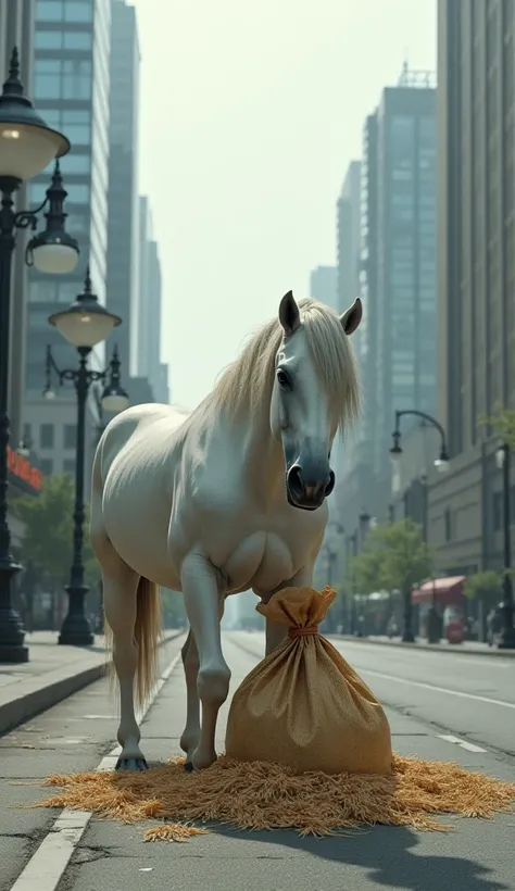 A white horse is weak on the ground with a bag of wheat falling on its back. It looks sad on a road in a modern city 