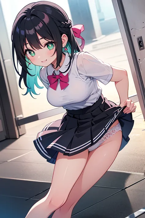 A beautiful girl in a miniskirt leaning on a railing, anime girl, 1 girl, black hair, french braid, hair intakes, hair over shoulder, long hair, straight hair, shiny hair, hair bow, constricted pupils, light green eyes, earrings, shy, blush, fingersmile, n...