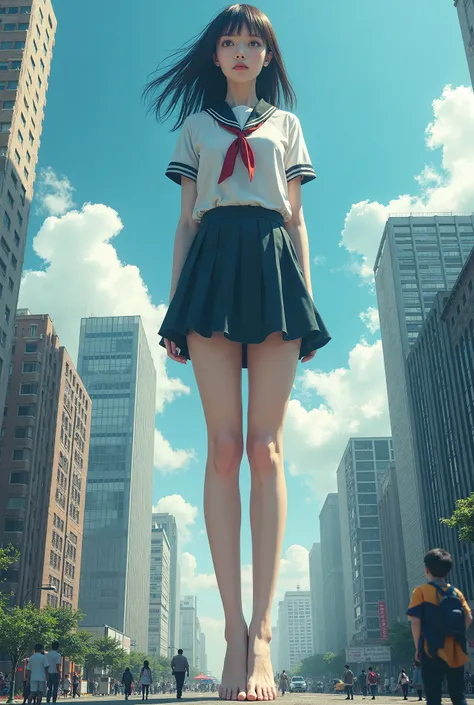 Draw a live-action picture of a giant female Asian high school student stepping on the city and ren while barefoot from the perspective of an ant