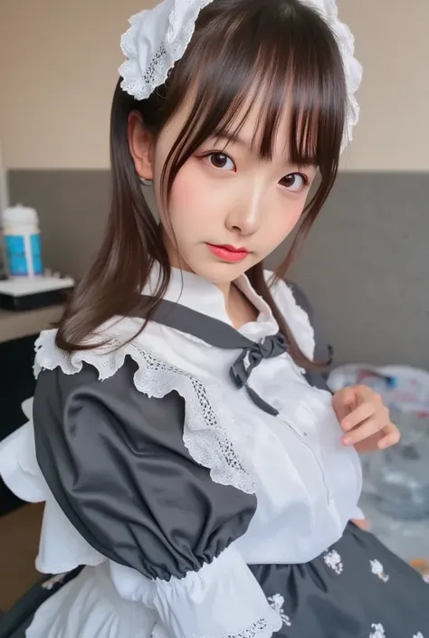  table top,  best quality,  one girl, ( beautiful girl:1.3), (:1.2),   very fine clarity, ( symmetrical eyes:1.3), ( maid costume, Cute maid, Moe Maid :1.2),  beautiful breasts,  brown eyes,  split bangs,  tea hair、smile