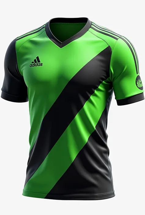  Make a soccer jersey with the colors green and black without sponsorships, V throat, sleeve with black stripes and black sides , In the middle a black and a green diagonal