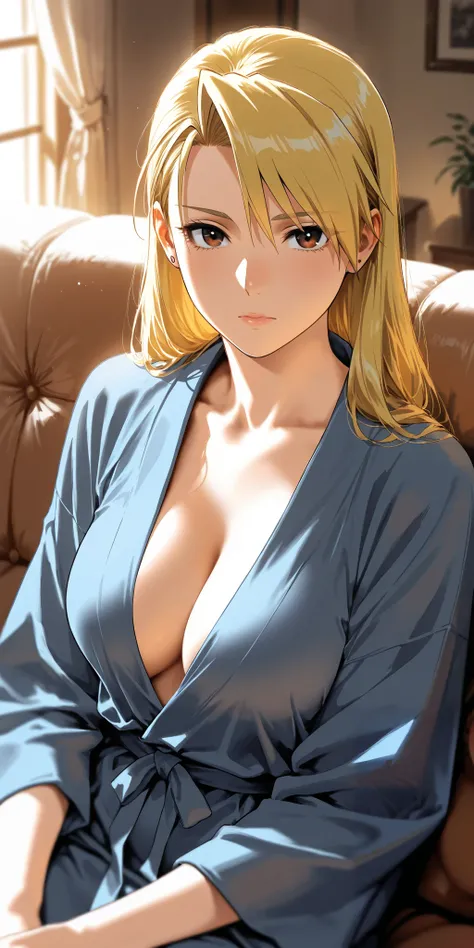 Masterpiece, mature woman, riza hawkeye, slim, upper body, nigh robe, sit on sofa, ultra detailed, highres, absurdres, best quality, dynamic lighting, home, portrait, semi realistic