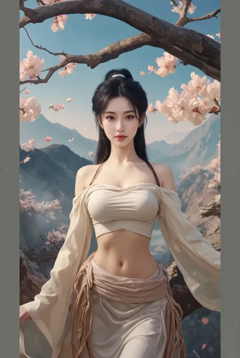 1girl, High Resolution, Masterpiece, HD, Large breasts, Sister, ponytail hair, abs, exposed midriff, navel, shorter crop top, strapless crop top, low rise pants, flirty, peach blossom garden heaven, misty mountain, hourglass figure body shape, traditional ...