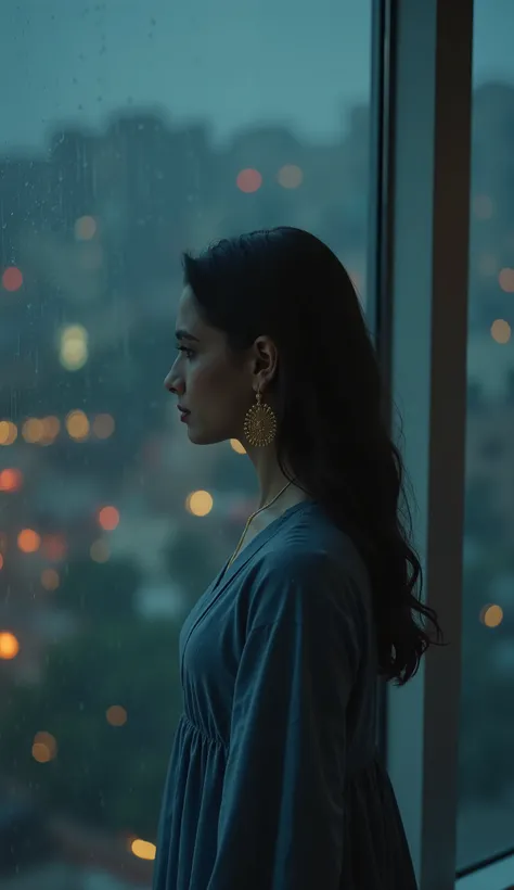 Scene 2:
"hum ko feryad bi nahi ati"
"Samra standing by a large window, her reflection blending with the city lights outside. She wears a muted blue dress, her golden earrings catching the dim light. Her expression is distant, lips slightly parted as if tr...