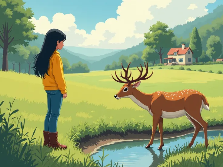 A  around   , with straight long black hair, wearing blue pent with a yellow sweater and boots ۔The deer and the reach a small ditch where the spots their familiar house in the distance."
