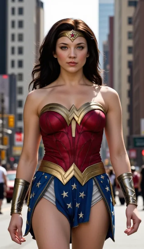 Wonder Woman, with dark hair, a red top with a golden breastplate and tiara with a red star, brimming with confidence as she walked down a city street