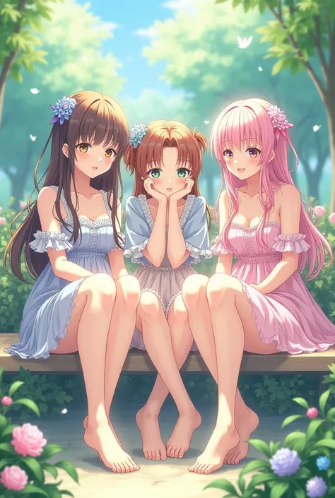 group of anime girls shows bare feet