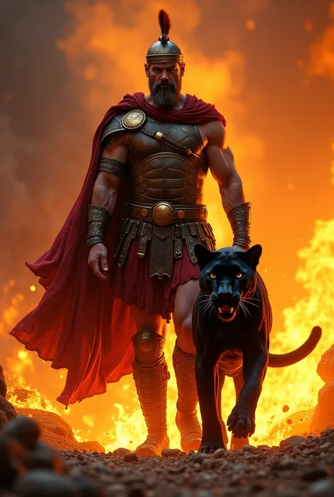 Spartan warrior with his black panther coming out of the fire