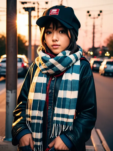  black cap with the 、 with the end of the scarf bumpy {x} oversized hooded red stadium jacket、 logo 、 scarf wrapped around her neck 、 put on a one-legged skateboard 、A single girl 、 in blue baggy denim 、 standing in the sunset 、merry-go-round in the backgr...