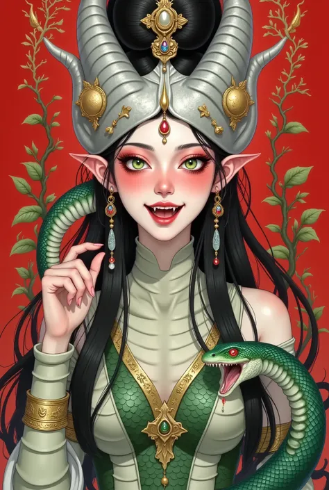 (((Portrait of a beautiful snake woman ，Wear a hat made of silver with tassels，，Enchanting green eyes 。Open your mouth，Fangs，Holding a snake in his hand，Motion Capture)))。Snakeskin,Snake Body，Snake tail. red background，sun。 border decoration 。